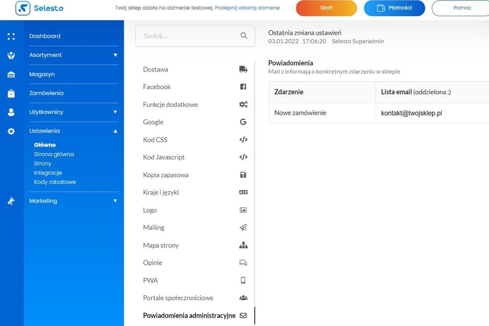 powiadomienie mailowe o nowym zamówieniu