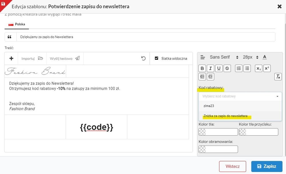 edycja szablonu potwierdzenia zapisu do newslettera