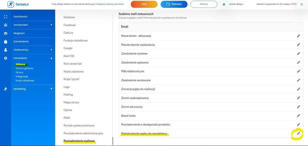 powiadomienie o zapisie do newslettera na liście powiadomień