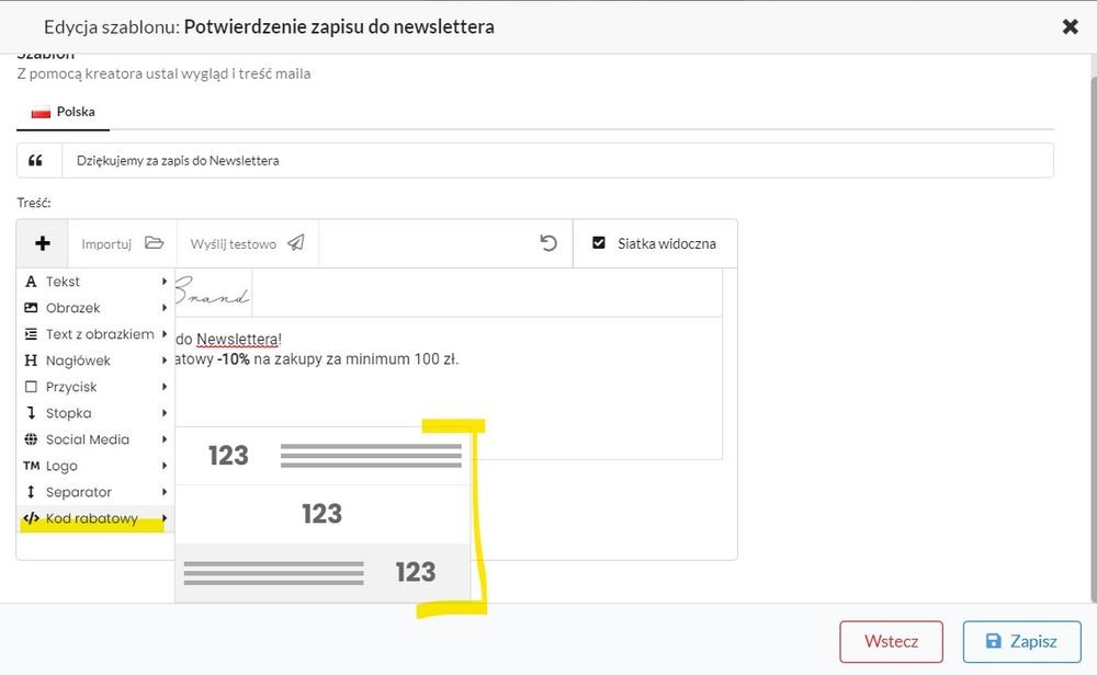 wybór sekcji kodu rabatowego