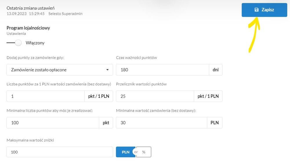 zapisz ustawienia programu lojalnościowego