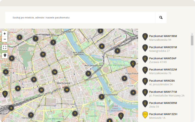 Mapa pokazująca rozmieszczenie paczkomatów w centrum Warszawy