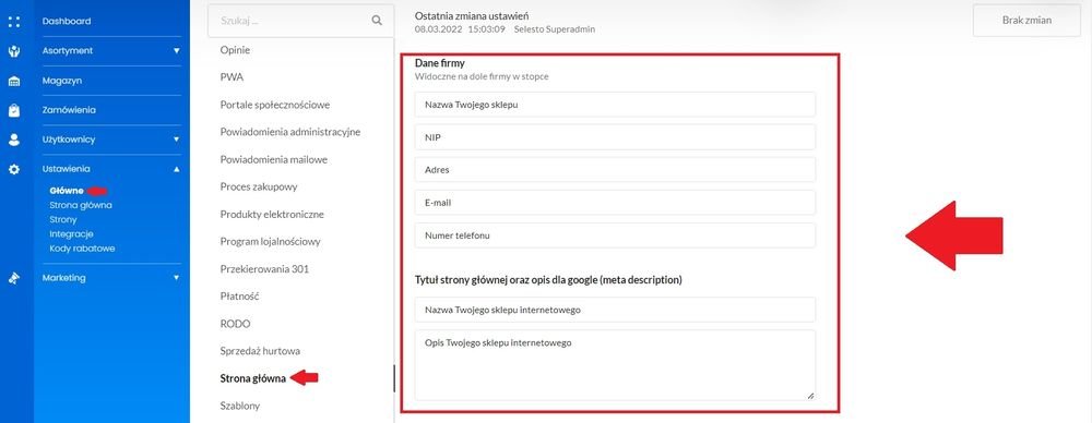 dane firmy na stronie głównej
