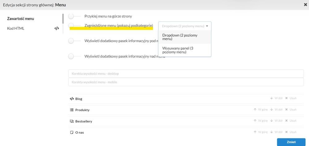 podkategorie w stylu dropdown