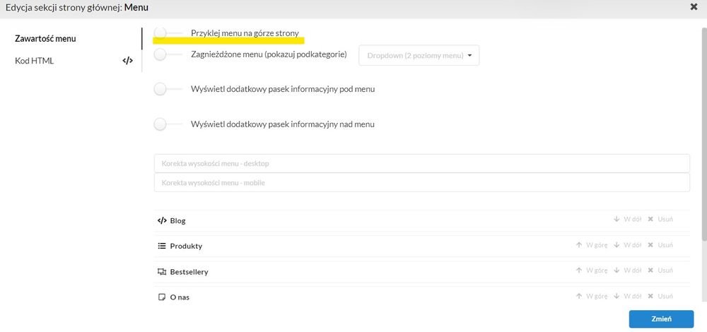 menu przyklejone u góry
