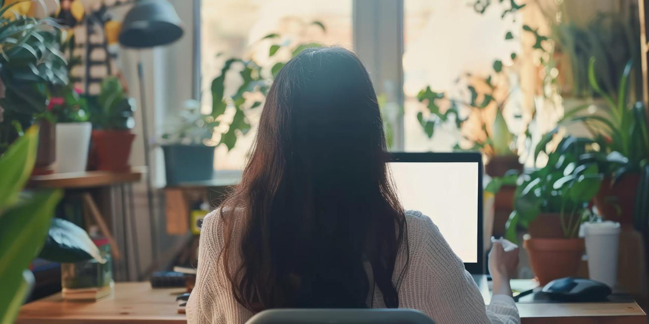 Kobieta siedząca tyłem, pracująca przy komputerze w pokoju pełnym roślin