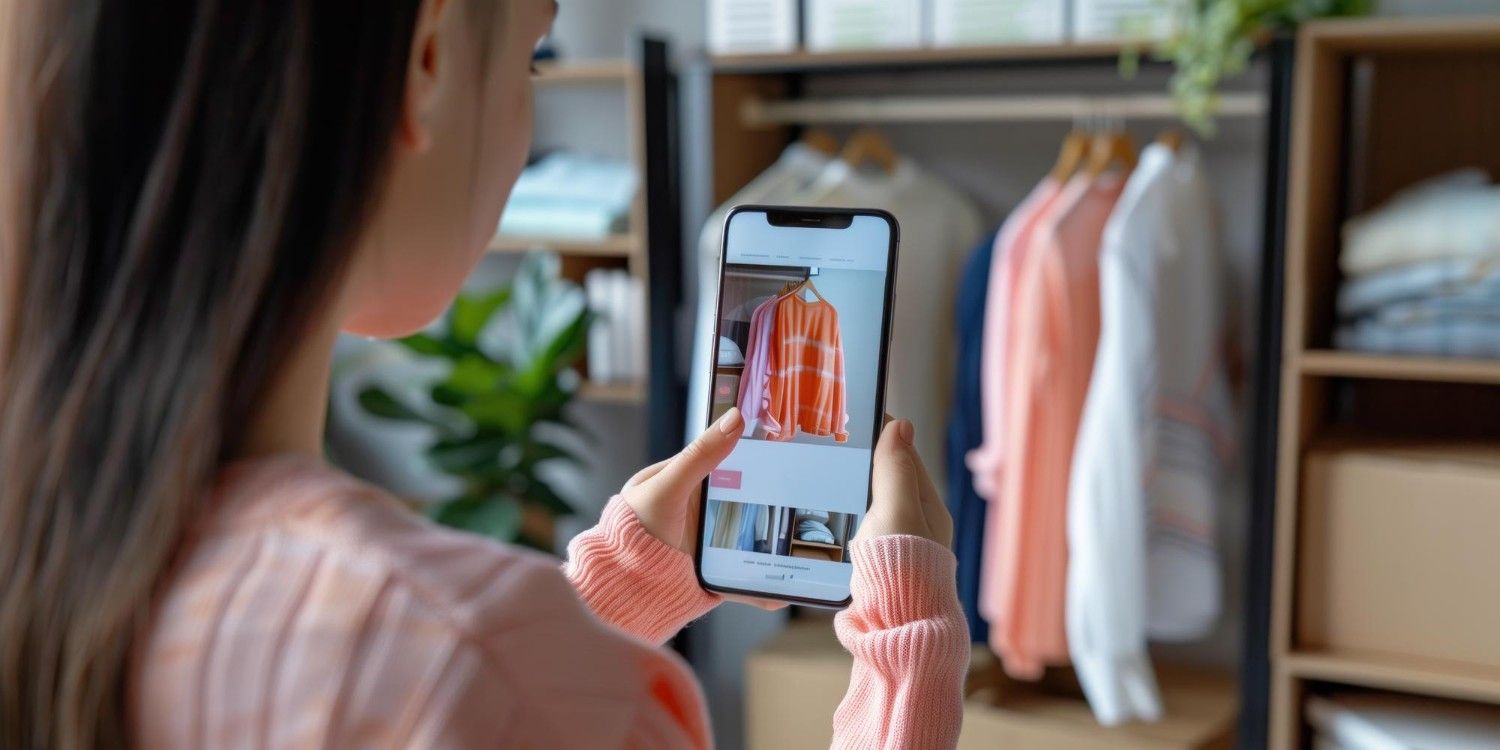 Kobieta przeglądająca ubrania w internecie za pomocą smartfona, w tle szafa z ubraniami