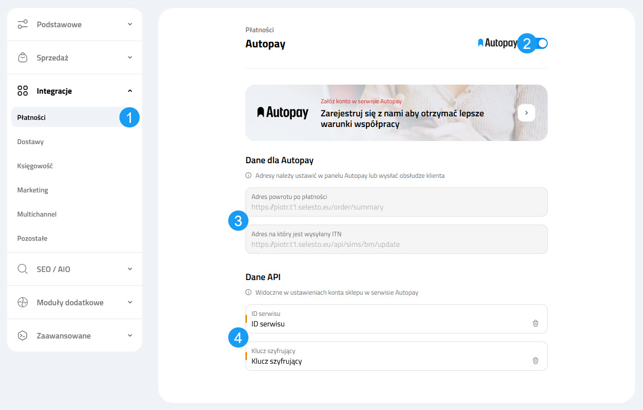 Selesto - ustawienia integracji Autopay