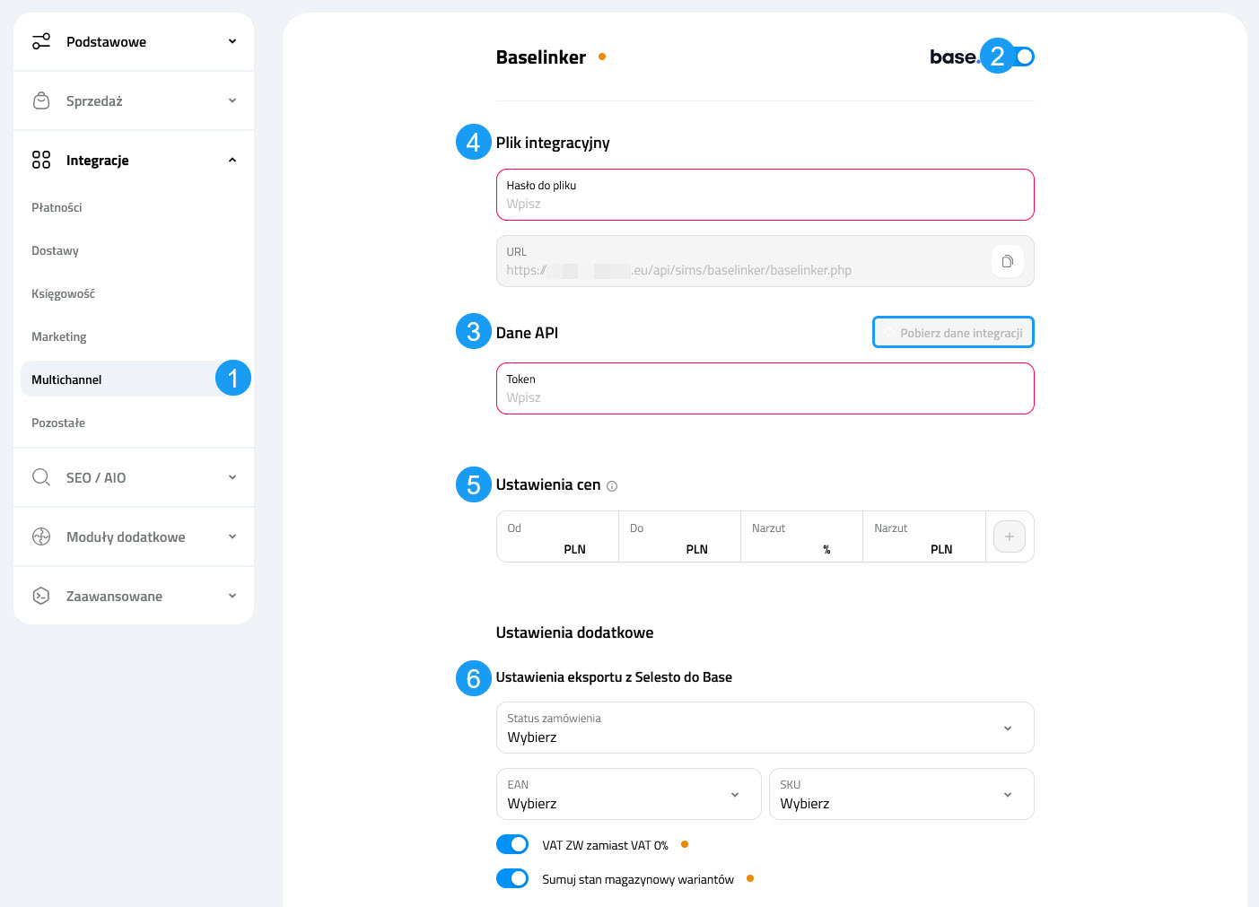 Ustawienia Selesto - integracja z Base