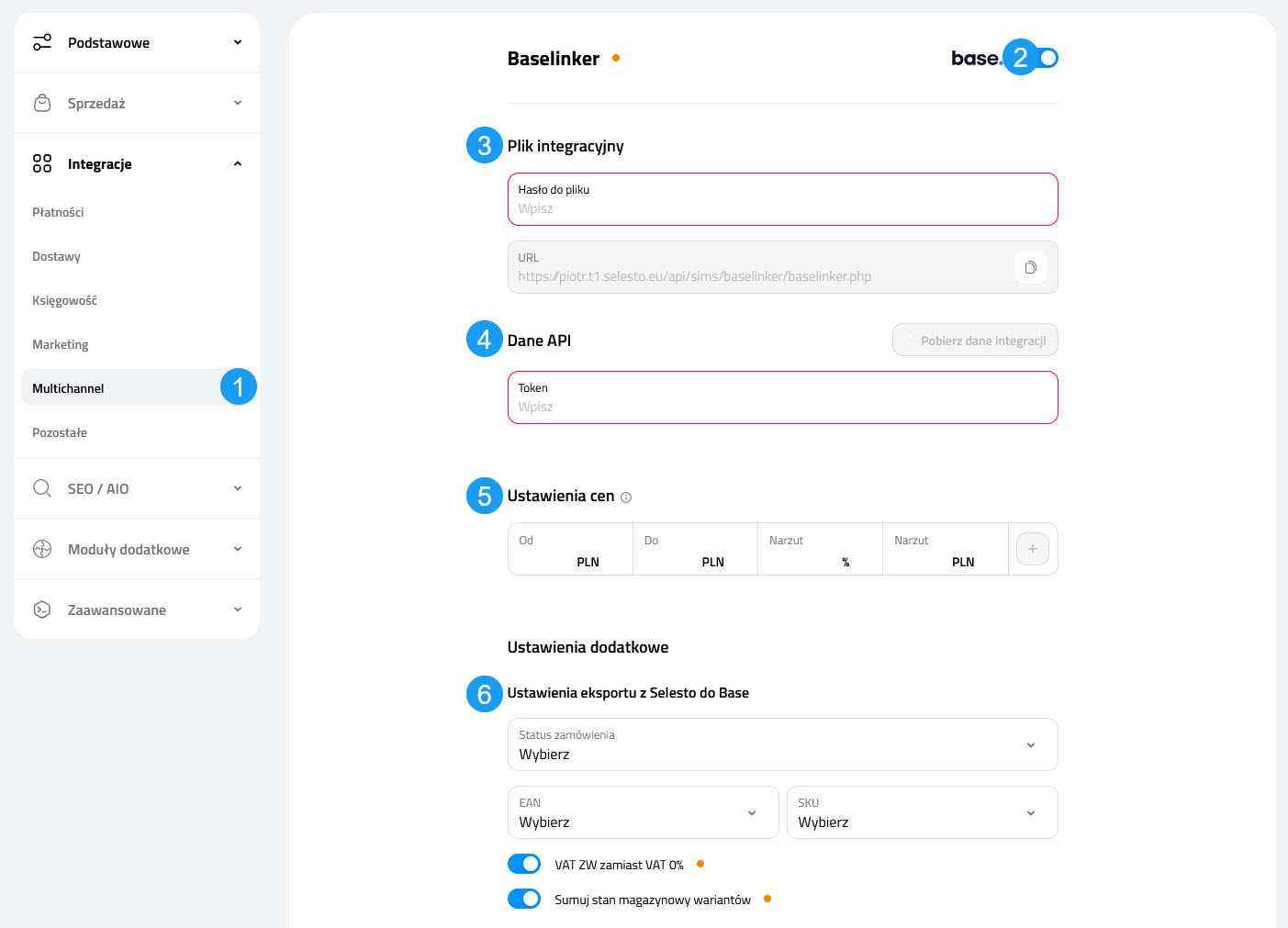 Selesto - ustawienia integracji Base