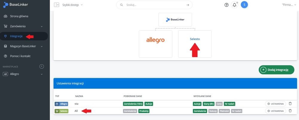 Ustawienia Selesto - integracja z Base