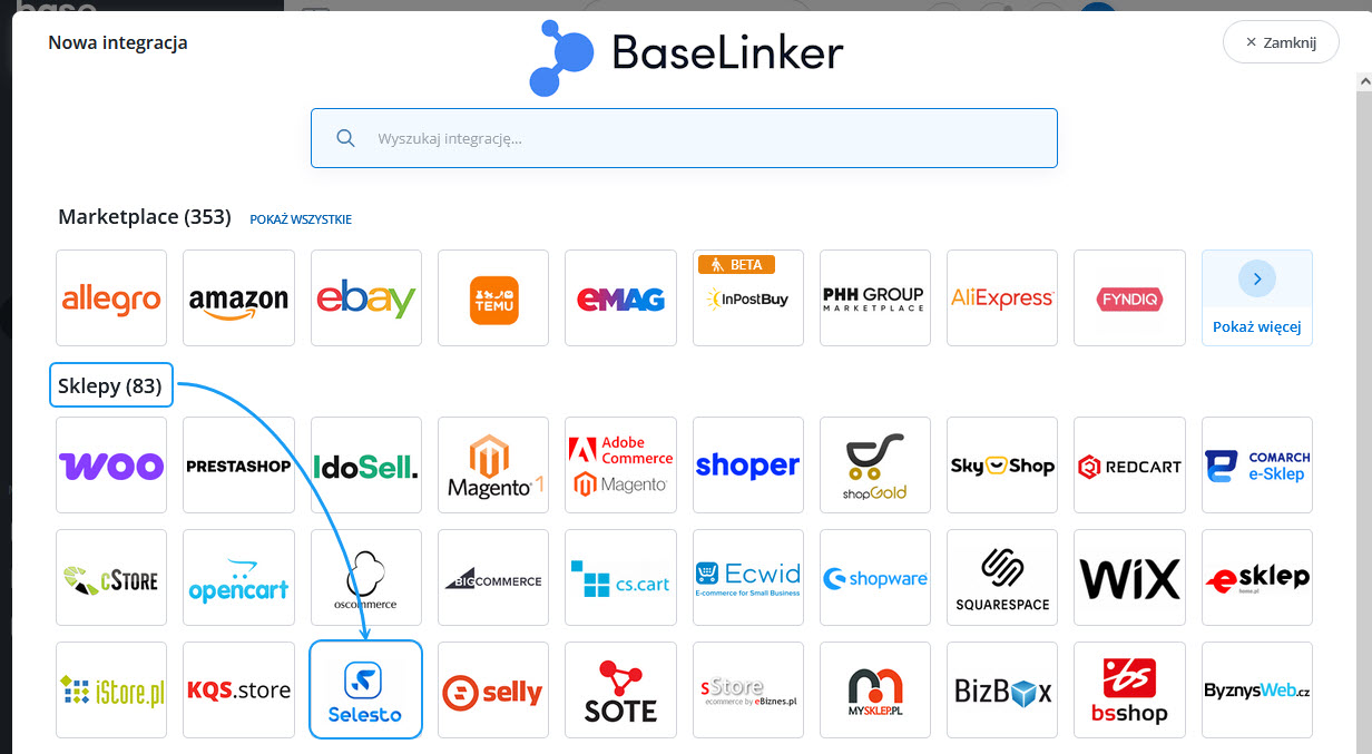 Ustawienia integracji Selesto - Base