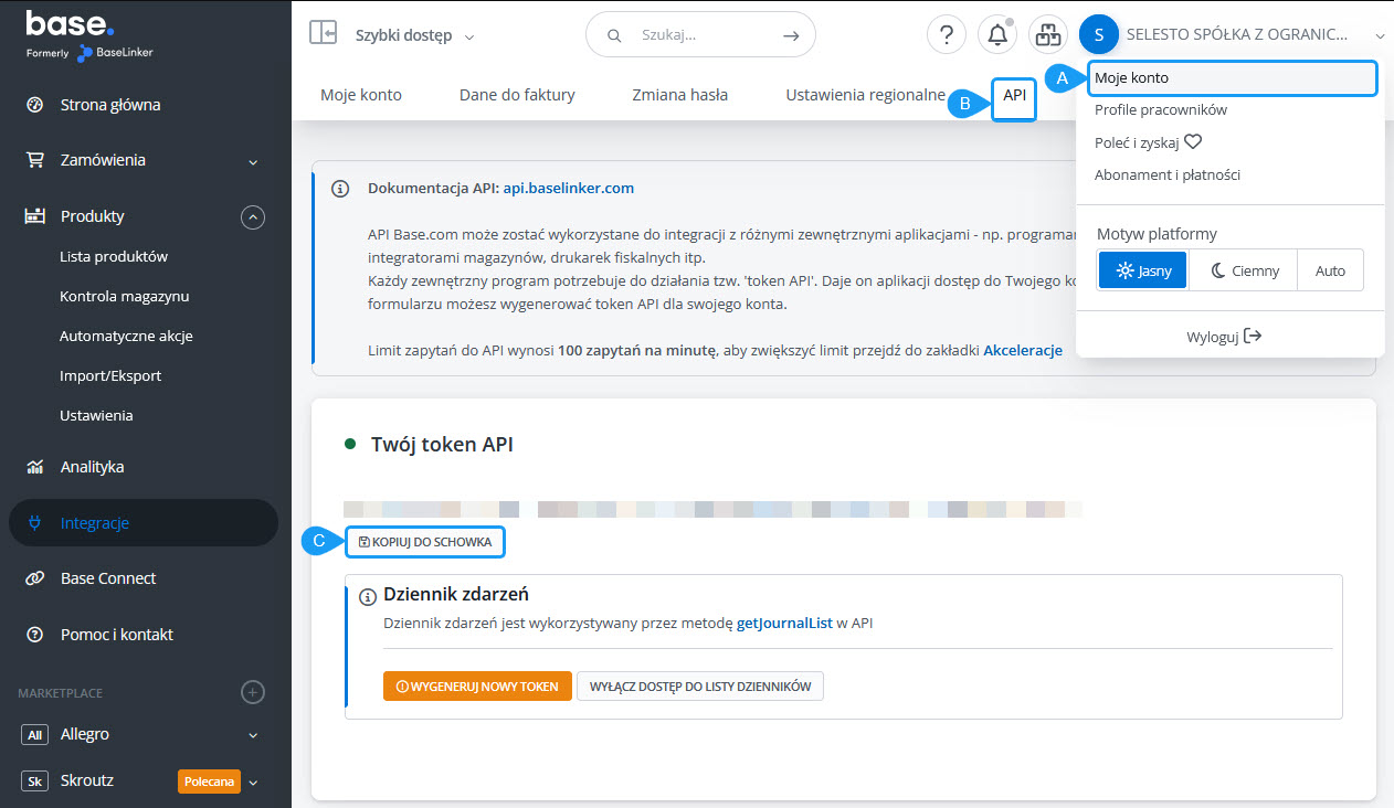 Ustawienia integracji Selesto - Base - generowanie tokenu API