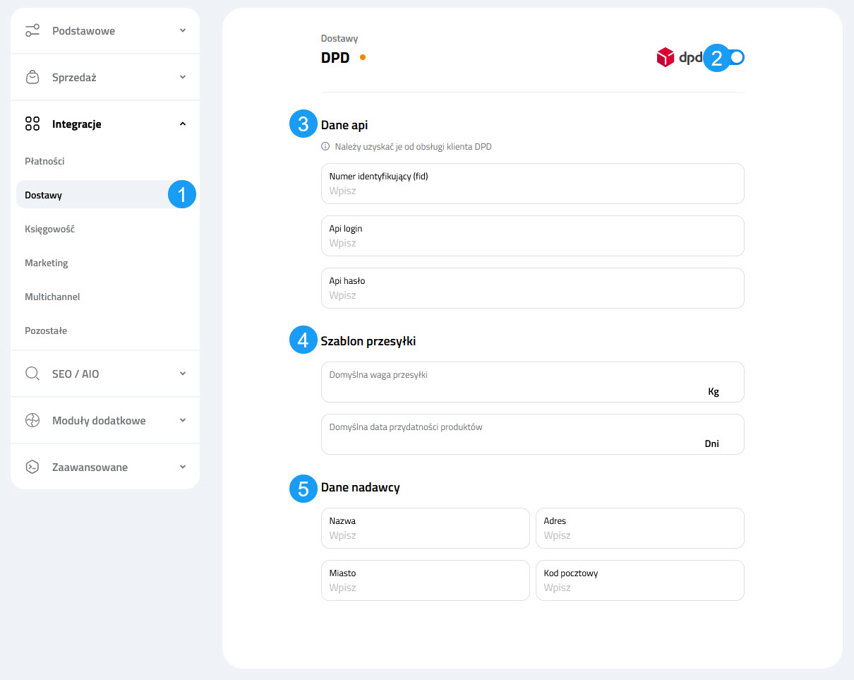 Selesto - ustawienia integracji DPD