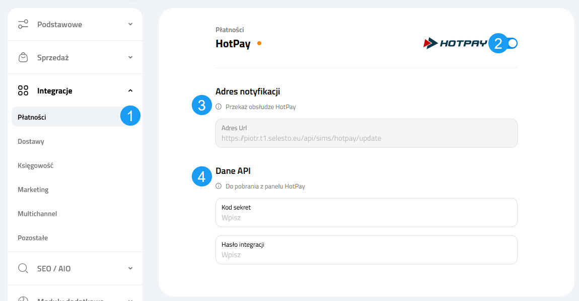 Selesto - ustawienia integracji HotPay