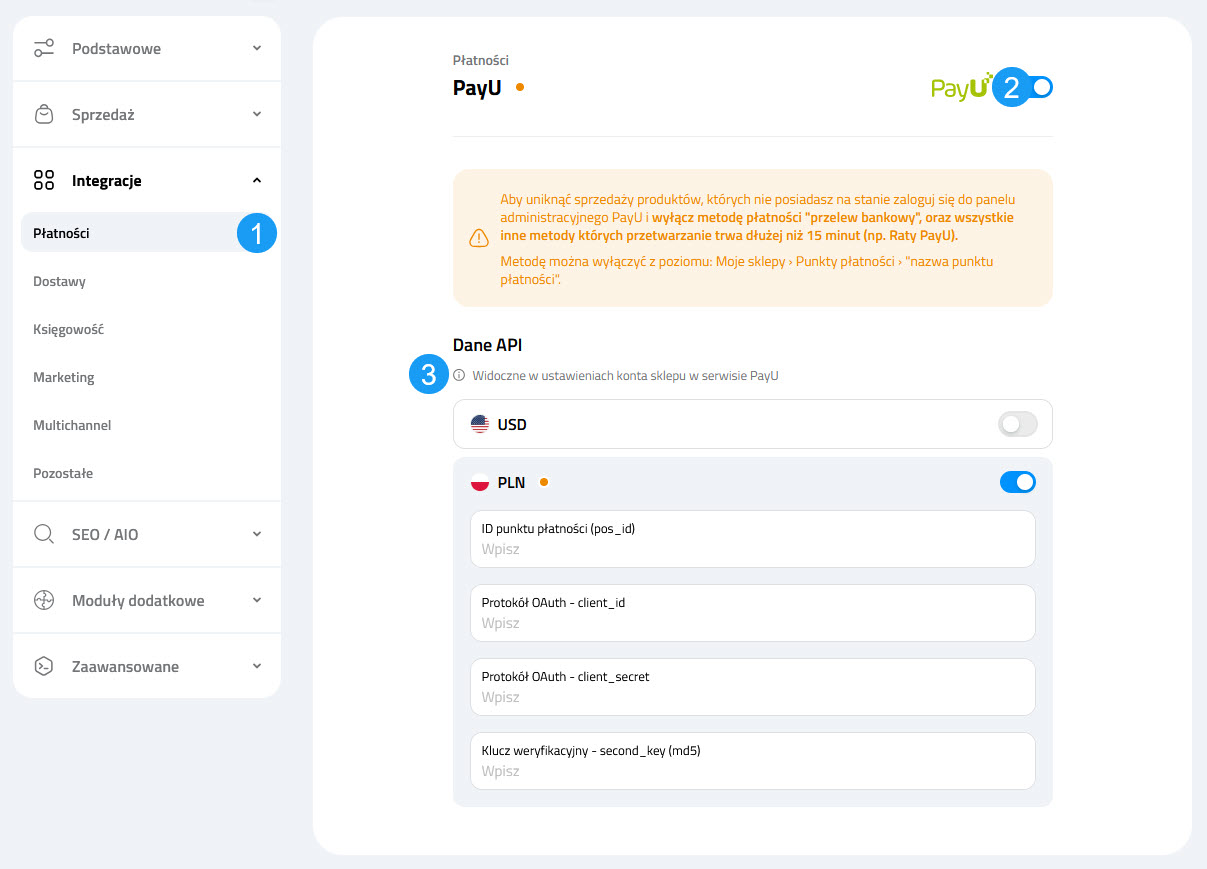 Selesto - ustawienia integracji PayU