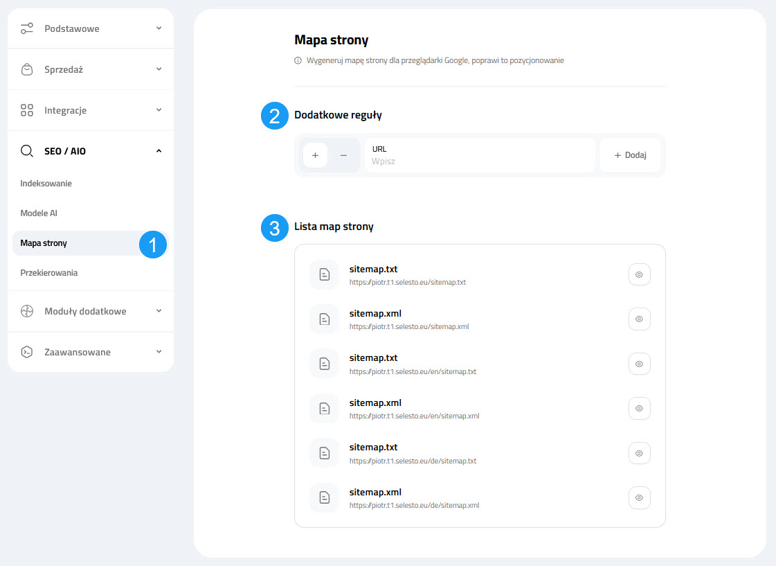 Selesto - Ustawienia SEO/AIO - Mapa Strony