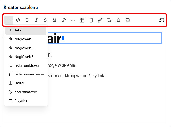Widok panelu tworzenia szablonów powiadomień