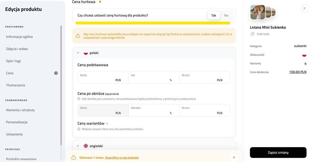 ustawienie ceny hurtowej dla produktu