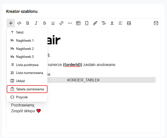 Kreator szablonu - Dodaj: Tabela zamówienia