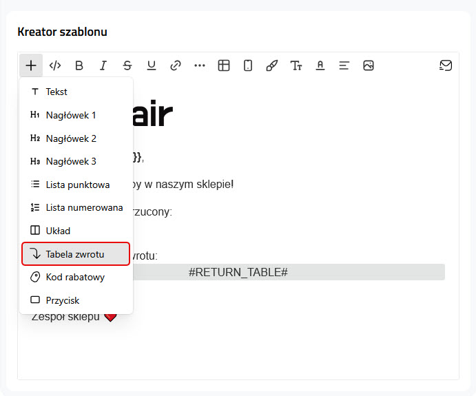 Kreator szablonu - tabela zwrotu