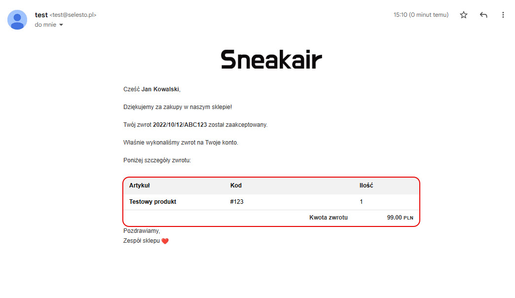 Kreator szablonu - przykład tabeli zwrotu