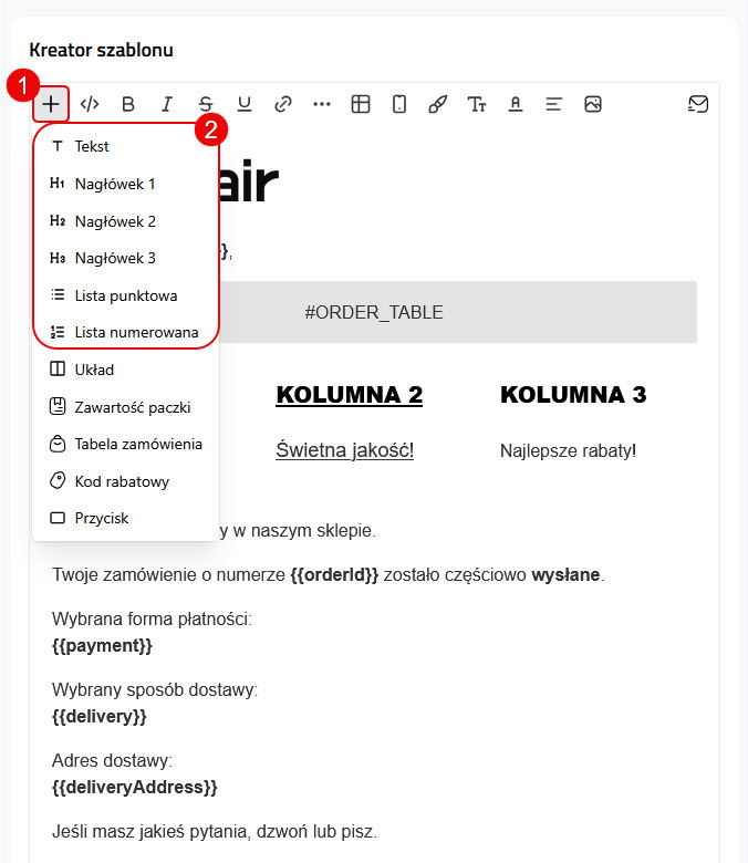 Kreator szablonu - Dodaj: Tekst, Nagłówek 1-3, Lista punktowa i Lista numerowana