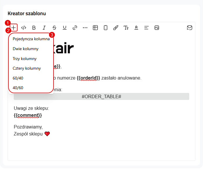 Kreator szablonu - Dodaj: Układ (kolumny 1-4, 60/40, 40/60)
