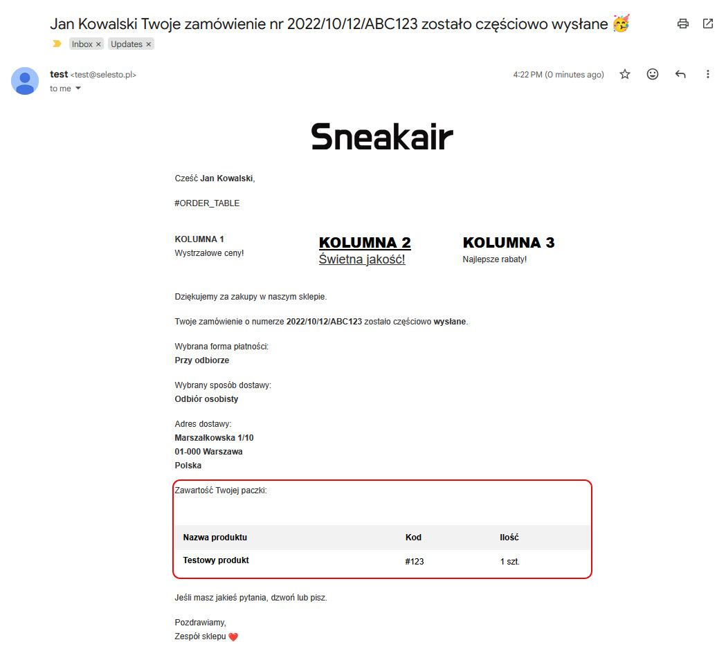 Przykład elementu "Zawartość paczki" w wiadomości e-mail