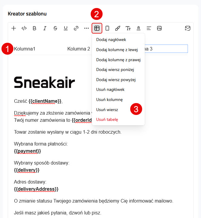 Kreator szablonów - opcje tabeli