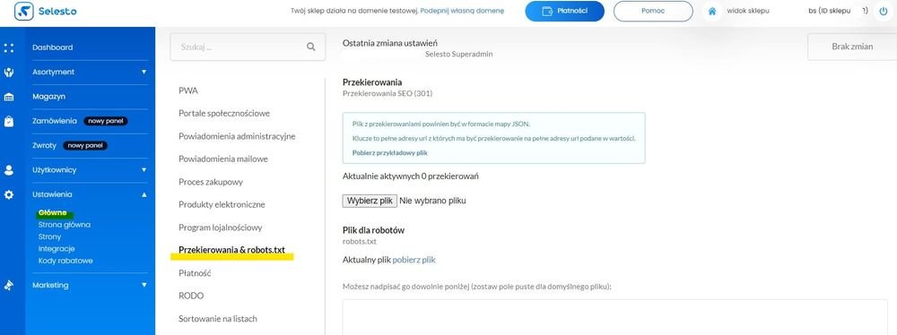 ustawienia przekierowań i robots.txt