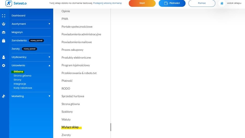 wyłączanie sklepu w ustawieniach