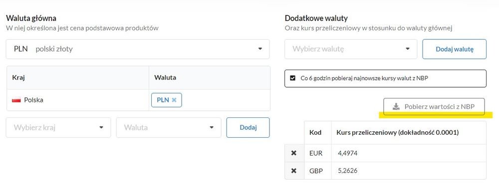 aktualizacja kursu walut