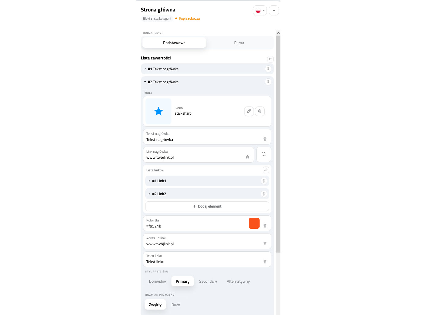 Selesto - ustawienia sekcji - bloki z listą kategorii