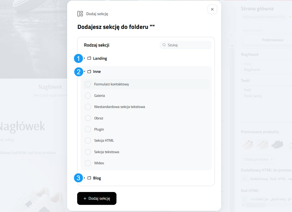 Selesto - panel dodawania sekcji