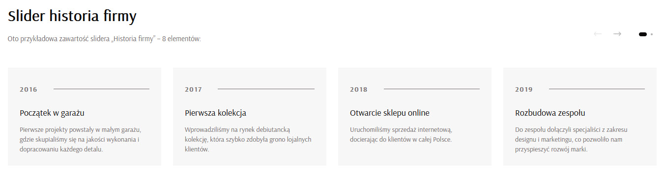 Selesto - przykład sekcji "Slider historii firmy"