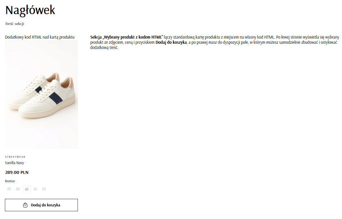 Selesto - przykład sekcji "Wybrany produkt z kodem HTML"