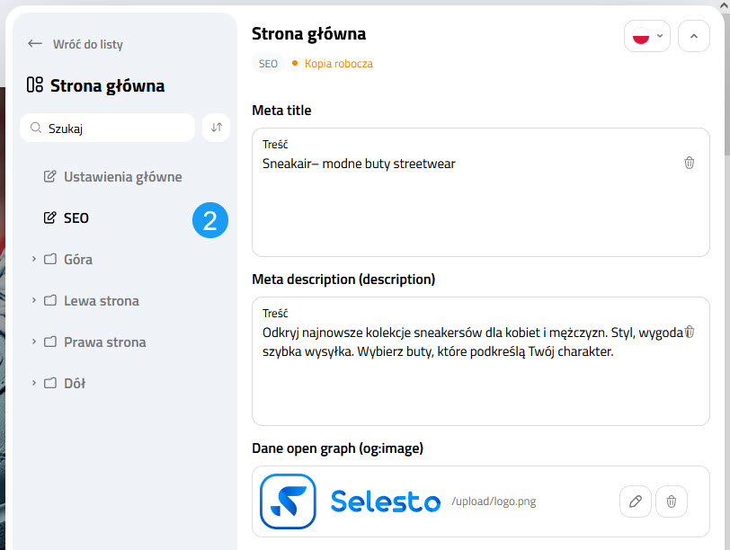 Selesto - panel ustawień strony głównej - SEO