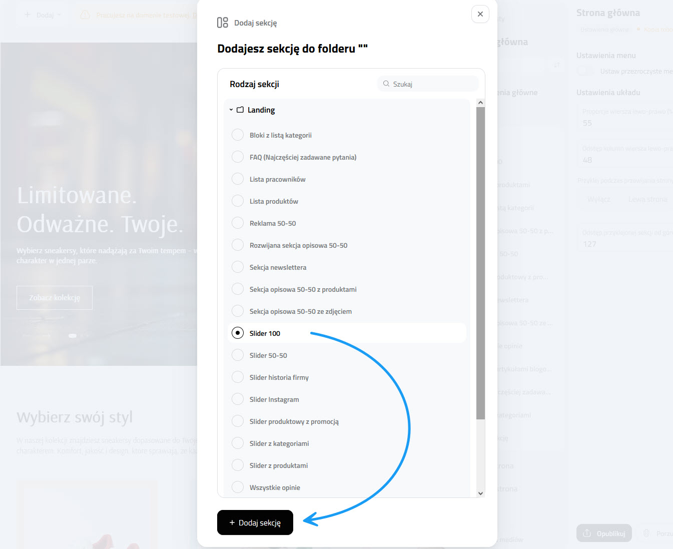 Edycja Strony głównej w Selesto - panel z sekcją Slider z produktami, podgląd nagłówka, treści oraz lista wybranych produktów w edytorze.