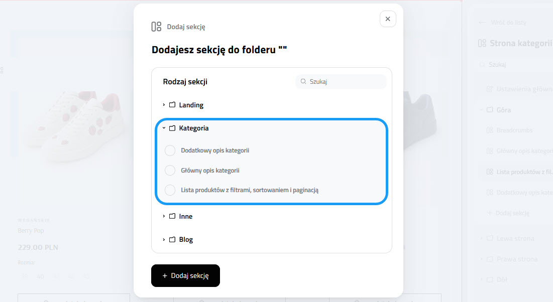 Selesto - dostępne sekcje (elementy) w Stronie kategorii