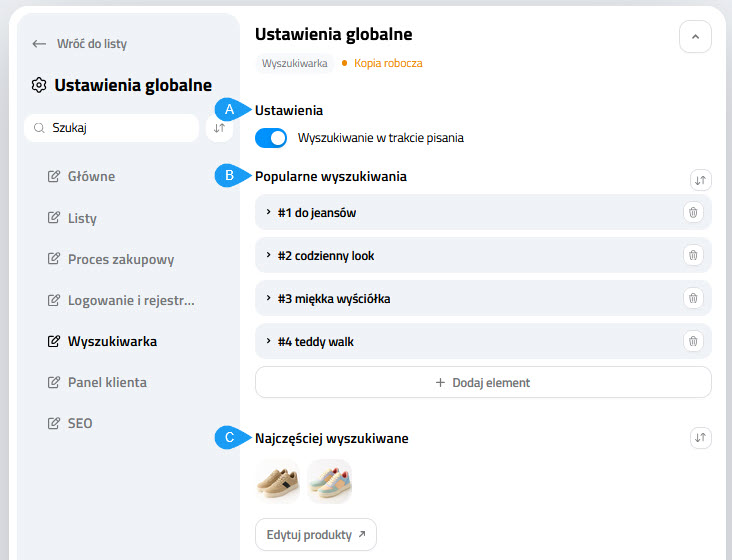 Selesto - Wygląd - CMS - Ustawienia globalne wyszukiwania
