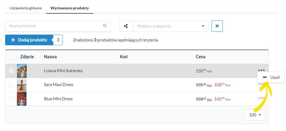 usuwanie produktów z listy Z