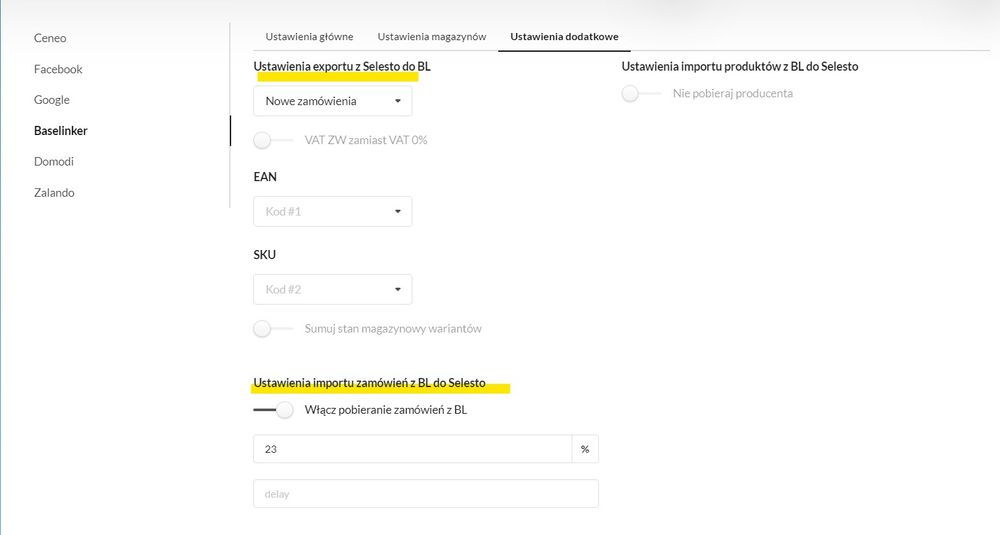 ustawienia exportu i importu