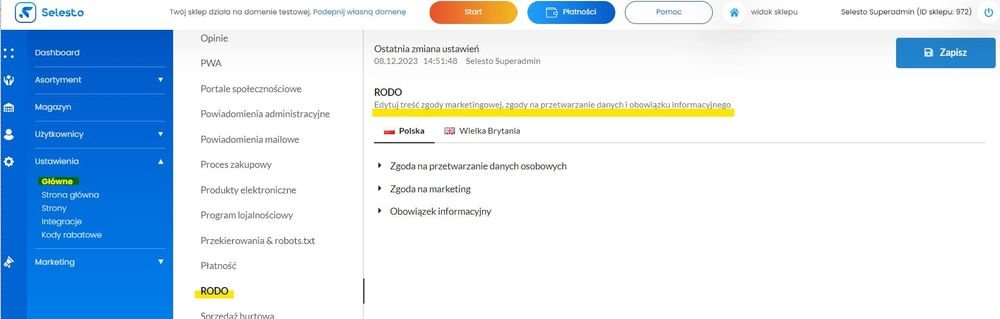 sekcja RODO w ustawieniach sklepu